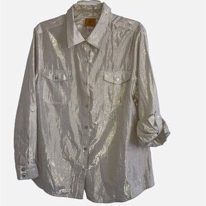 RUBY RD. 18 Neutral Gold Shimmery Sheen Tunic Blouse Roll Tab Sleeves Top XL